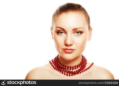 beautiful woman with red accessorize on neck on white background