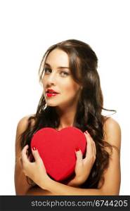 beautiful woman with red lipstick holding red heart. beautiful woman with red lipstick holding red heart on white background