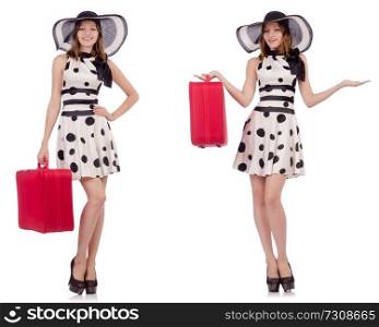 Beautiful woman with red suitcase 