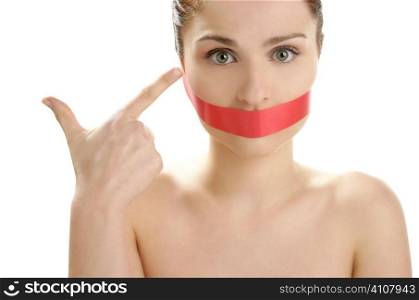 Beautiful woman with red tape on mouth portrait isolated on white