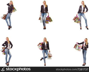 Beautiful woman with shopping bags isolated on white