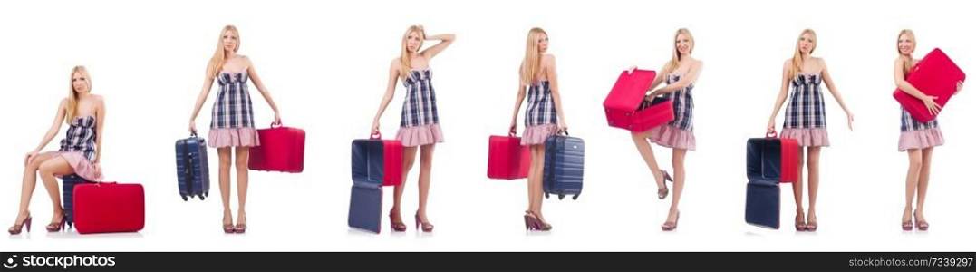 Beautiful woman with suitcase isolated on white 