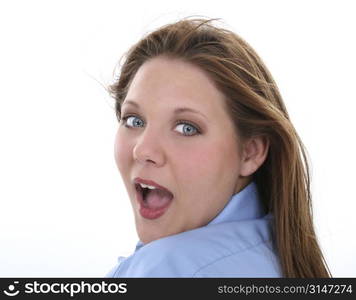 Beautiful Woman With Surprised Expression Looking Over Shoulder.