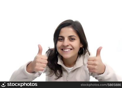 Beautiful Woman With Thumbs Up in white background