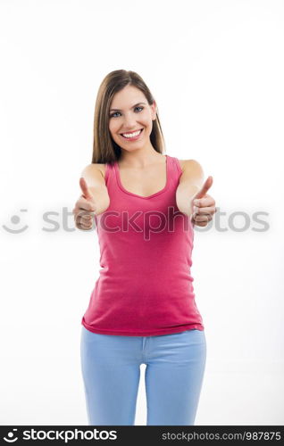 Beautiful woman with thumbs up isolated over a white background