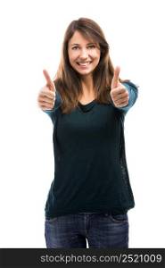 Beautiful woman with thumbs up isolated over a white background. Happy woman