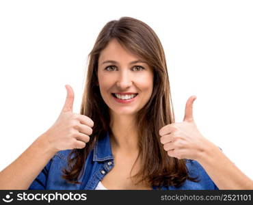 Beautiful woman with thumbs up, isolated over white background. Successful women