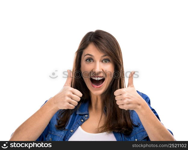 Beautiful woman with thumbs up, isolated over white background. Successful women