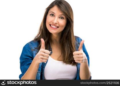 Beautiful woman with thumbs up, isolated over white background. Successful women