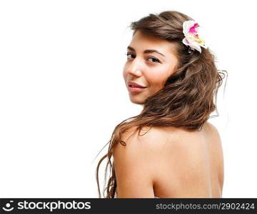 Beautiful woman with towel. Isolated over white.