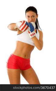 beautiful woman with usa flag boxing gloves in act to fight