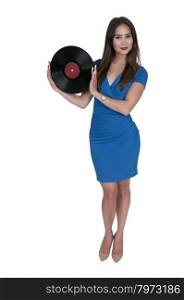 Beautiful woman with vintage record album lps