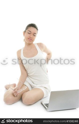 Beautiful woman working laptop, back ache over white