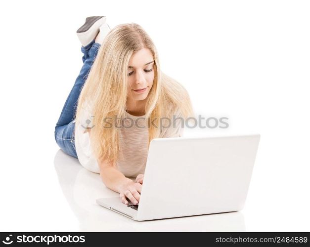 Beautiful woman working with a laptop, isolated over white background