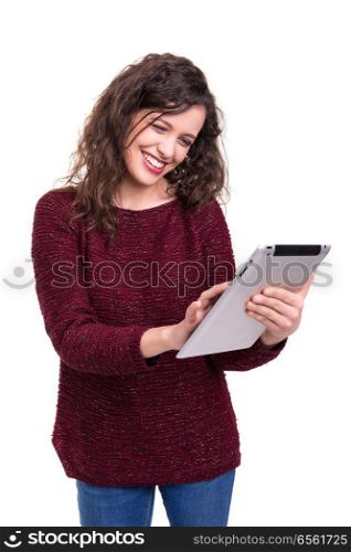 beautiful woman working with a new tablet computer, isolated over white background