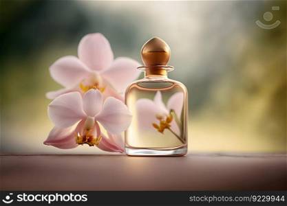 Beautiful women&rsquo;s perfume bottle with orchids. Neural network AI generated art. Beautiful women&rsquo;s perfume bottle with orchids. Neural network generated art