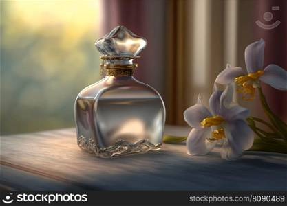 Beautiful women’s perfume bottle with orchids. Neural network AI generated art. Beautiful women’s perfume bottle with orchids. Neural network generated art