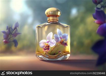 Beautiful women’s perfume bottle with orchids. Neural network AI generated art. Beautiful women’s perfume bottle with orchids. Neural network generated art