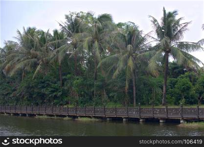 Beautiful wooden bridge across river in tropical China