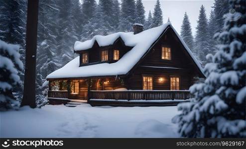 Beautiful wooden cottage in winter forest at night. Wooden log house in mountains.
