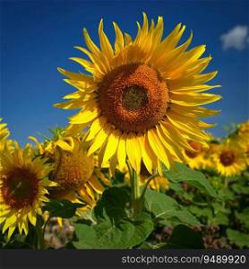 Beautiful yellow flowers - sunflowers in nature with blue sky. Summer background.