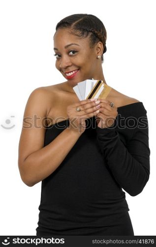 Beautiful young African American black woman on a shopping spree with credit and debit cards