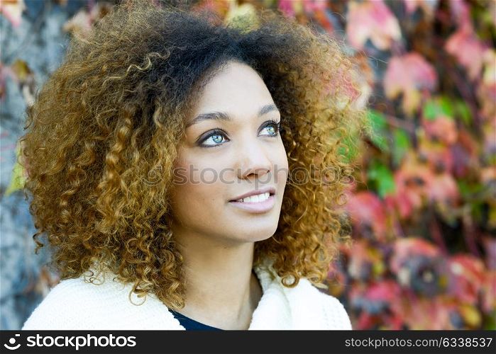 Beautiful young African American woman with afro hairstyle and green eyes wearing white winter dress with autumn leaves in the background.