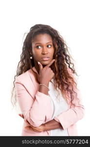 Beautiful young african woman posing isolated over white