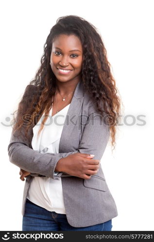 Beautiful young african woman posing isolated over white