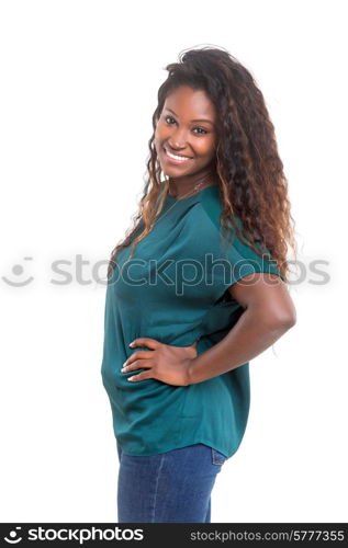 Beautiful young african woman posing isolated over white