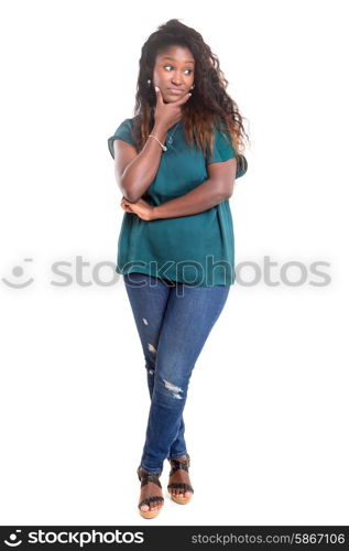 Beautiful young african woman posing isolated over white