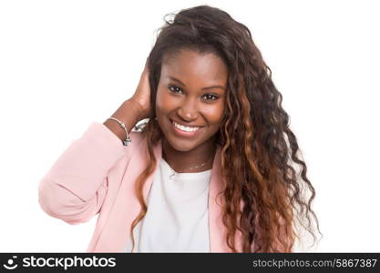 Beautiful young african woman posing isolated over white