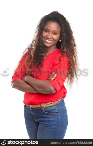 Beautiful young african woman posing isolated over white