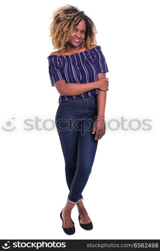 Beautiful young african woman posing isolated over white