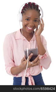 beautiful young afro woman listening music, isolated