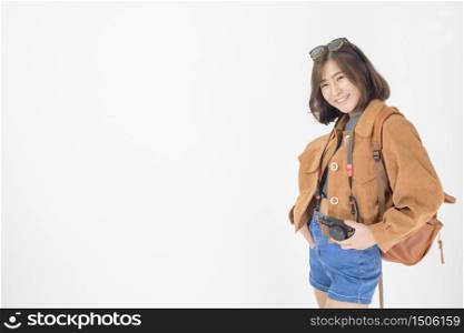 Beautiful young asian tourist woman happy on white background studio