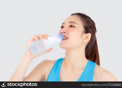 Beautiful young asian woman fit shape drinking water after workout and exercise isolated on white background, girl thirsty after aerobic tired for refresh, model fitness healthy and wellness concept.