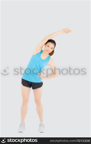 Beautiful young asian woman in sport standing stretch muscle arm workout with healthy isolated on white background, girl wear shape fit warm up and exercise and yoga for health, wellness concept.