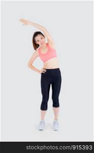 Beautiful young asian woman in sport standing stretch muscle arm workout with healthy isolated on white background, girl wear shape fit warm up and exercise and yoga for health, wellness concept.