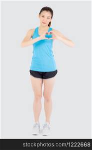 Beautiful young asian woman in sport with healthy gesture heart shape with hand isolated on white background, asia girl showing heart symbol, exercise with cardio for health and wellbeing concept.