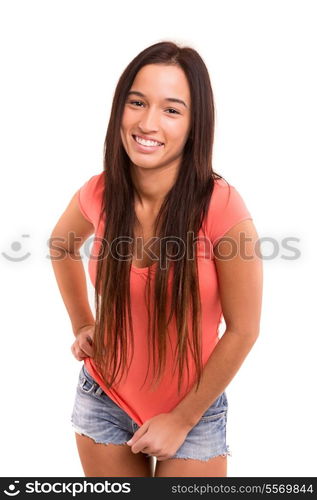 Beautiful young asian woman posing isolated over white background