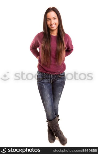 Beautiful young asian woman posing isolated over white background