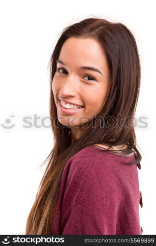 Beautiful young asian woman posing isolated over white background