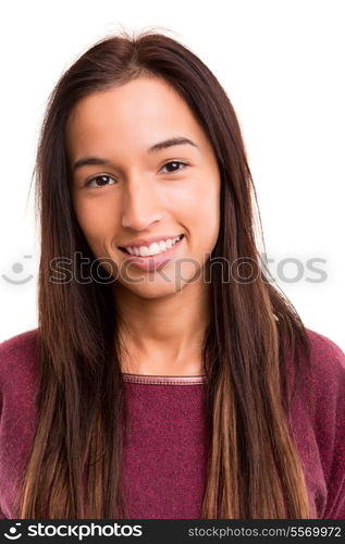 Beautiful young asian woman posing isolated over white background