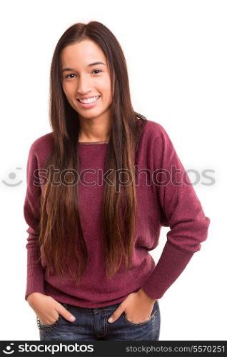 Beautiful young asian woman posing isolated over white background
