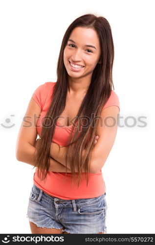 Beautiful young asian woman posing isolated over white background