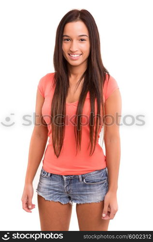 Beautiful young asian woman posing isolated over white background