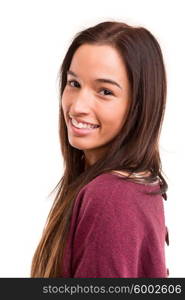 Beautiful young asian woman posing isolated over white background