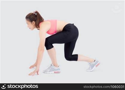 beautiful young asian woman slim start running isolated on white background, asia girl is confident workout cardio with run for strong, female ready to exercise, activity for health concept.