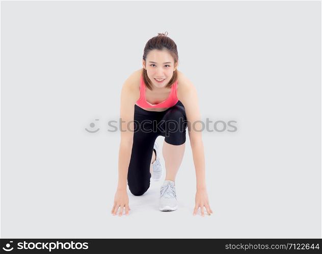 beautiful young asian woman slim start running isolated on white background, asia girl is confident workout cardio with run for strong, female ready to exercise, activity for health concept.